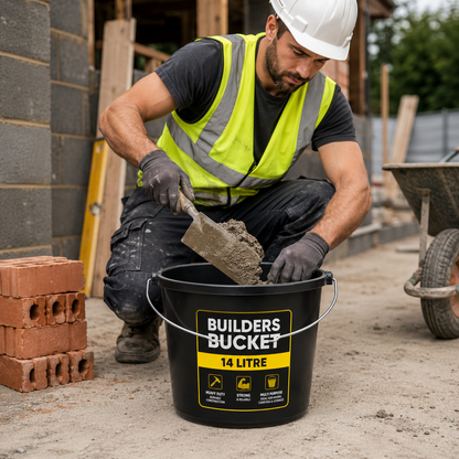 Pack of 5 Yuzet 14L Black Builders Bucket Heavy Duty Plastic Mixing Carry Bucket