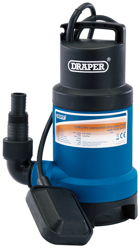 Draper 200L/MIN SUB PUMP DIRTY WATER 61667 61667 Submersible Dirty Water Pump with Float Switch, 200L/Min, 750W