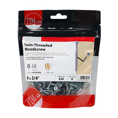 TIMCO Twin Woodscrew PZ2 CSK - BZP 6 x 3/4 Silver Pack 620