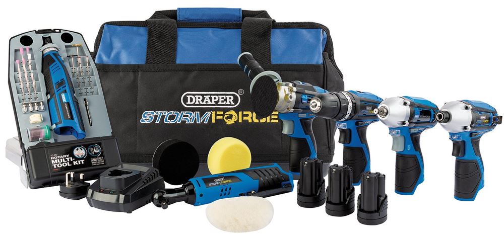93445 Draper Storm Force Storm Force 12V Multi-Power Interchange Kit, 3 x 1.5Ah Li-io Charger Power Tool Kits Professional Trade DIY Workshop Garage