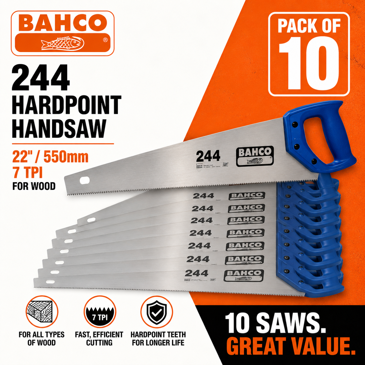 Bahco 244 22 Hardpoint Handsaw 7TPI 550mm Wood Saw Pack of 10