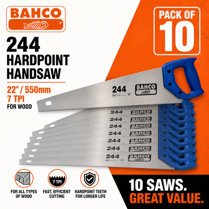 Bahco 244 22 Hardpoint Handsaw 7TPI 550mm Wood Saw Pack of 10