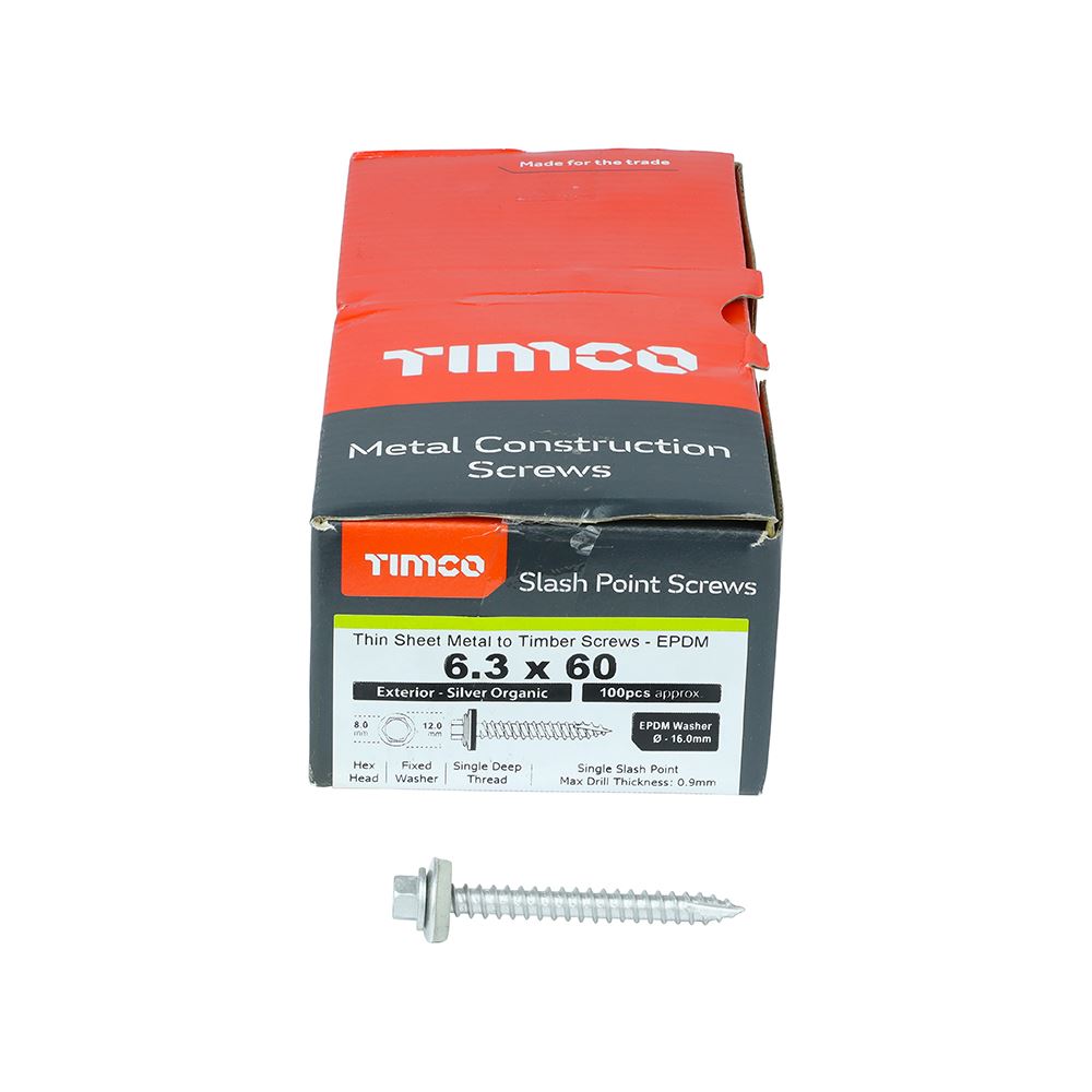 TIMCO Hex Screw W16 Slash EXT 6.3 x 60 Silver Pack 100