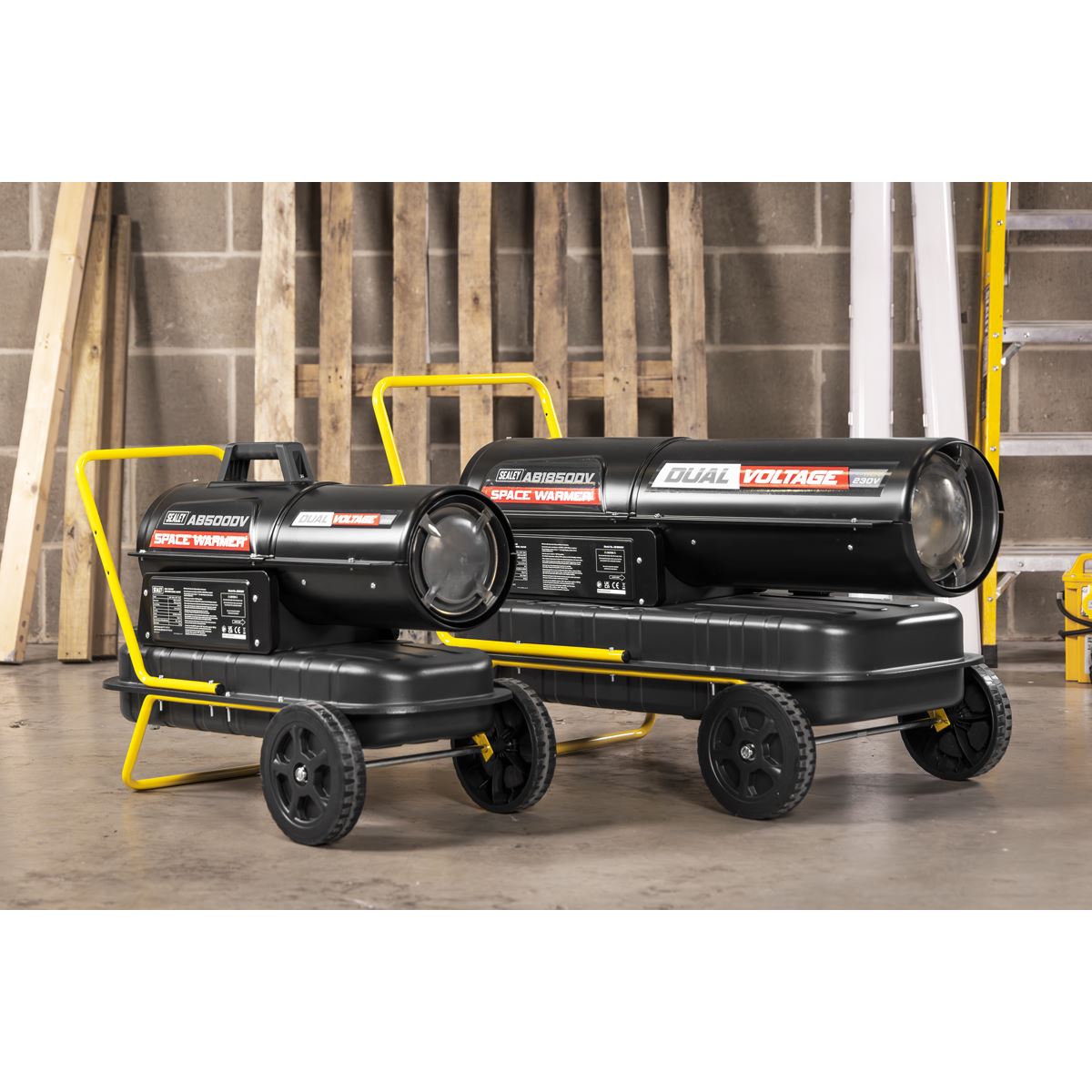 Sealey AB500DV Dual Voltage Kerosene/Diesel Space Warmer Heater with Wheels 50,000Btu/hr | 50,000Btu/(15kW), 230V 50Hz or 110V 50Hz, Thermostat
