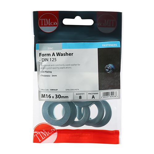 TIMCO Form A Washer DIN 125A - BZP M16 Silver Pack 8