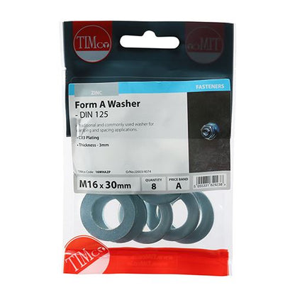 TIMCO Form A Washer DIN 125A - BZP M16 Silver Pack 8