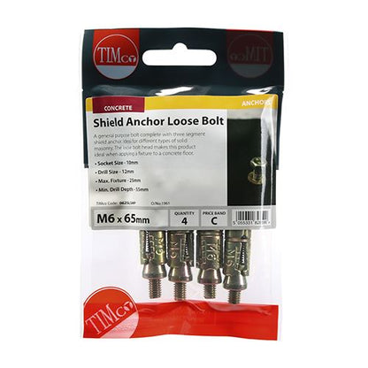 TIMCO Shield Anchor Loose Bolt - ZYP M6:25L (M6 x 65) Gold Pack 4