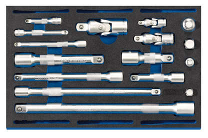 Draper 16PC SOCKET EXT BAR SET 63530 Extension Bar, Universal Joints and Socket Convertor Set 1/4 Drawer EVA Insert Tray (16 Piece)