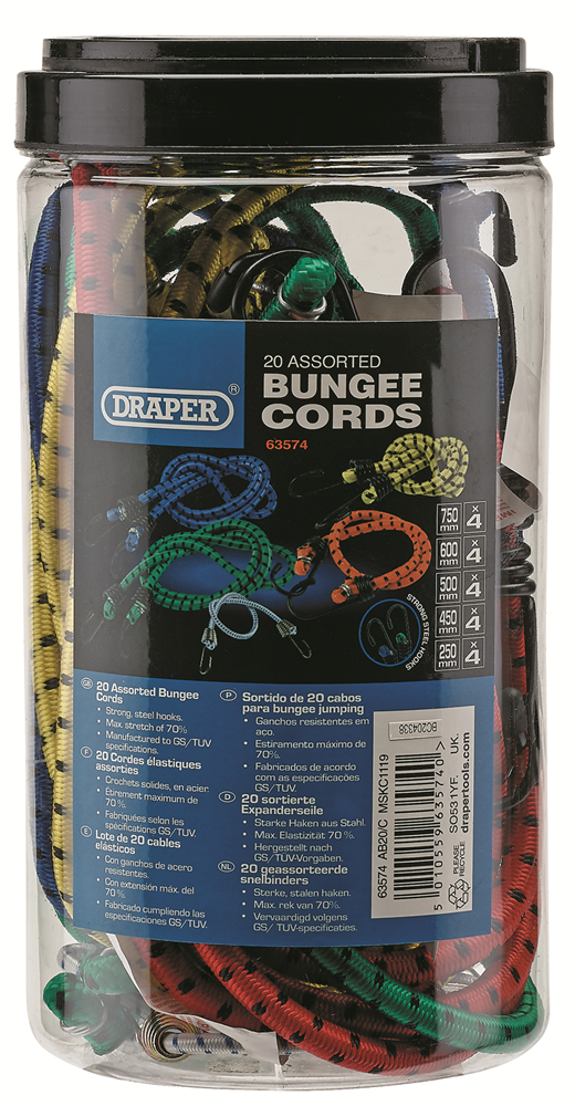 Draper 20PC ASSORTED BUNGEES 63574 63574 Assorted Bungee Cords (Pack of 20)