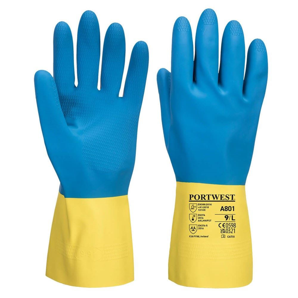 Portwest A801Y4RL -  sz L Double Dipped Latex Gauntlet - Yellow/Blue