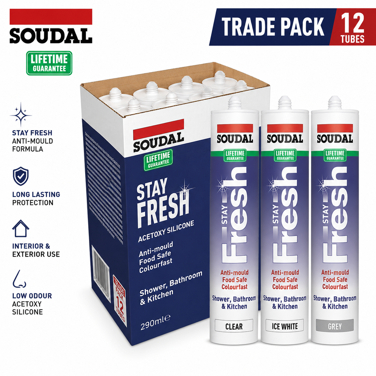 Soudal Stay Fresh Acetoxy Silicone Sealant 290ml Trade Pack of 12 Waterproof Anti Mould Sealant for Kitchens Bathrooms Glazing and Professional Building Applications