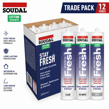 Soudal Stay Fresh Acetoxy Silicone Sealant 290ml Trade Pack of 12 Waterproof Anti Mould Sealant for Kitchens Bathrooms Glazing and Professional Building Applications