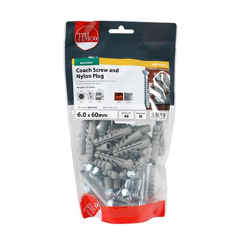 TIMCO Coach Screw & Nylon Plugs 6.0 x 60 Silver Pack 40