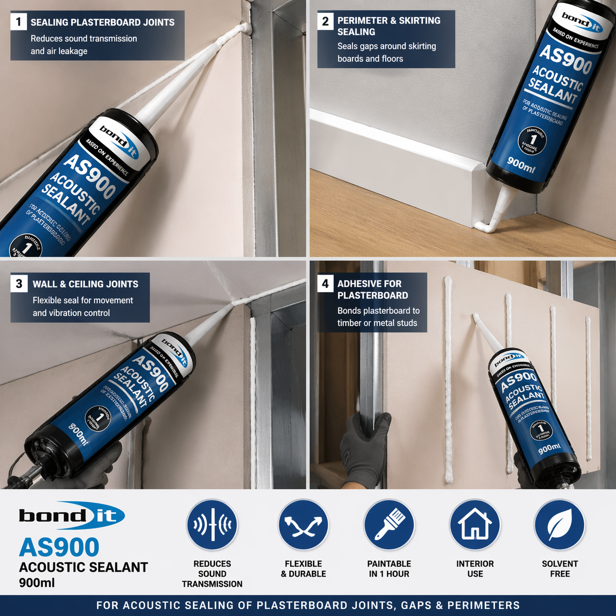 Bond It AS900 900ml White Acoustic Sealant Wall Board Plasterboard Adhesive