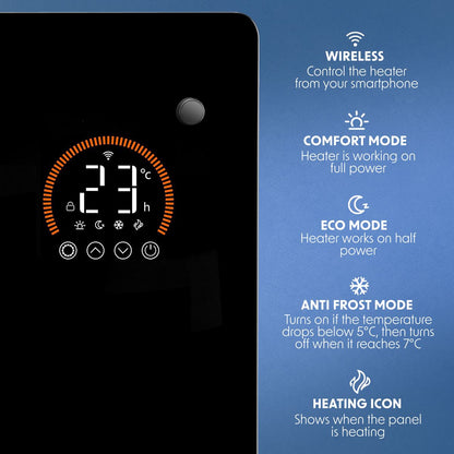 Baridi DH139 Electric Glass Panel Heater, 2000W, Thermostat Controlled Radiator with 24Hr 7 Day Timer, Wi-Fi Enabled, Remote Control, Black | 230V