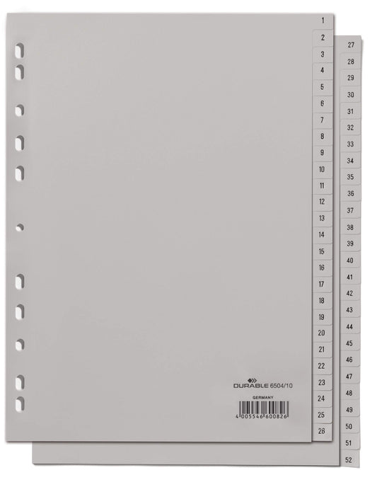 Durable 52 Part Numbered Tab Reinforced Punched Index Divider | A4 | Grey