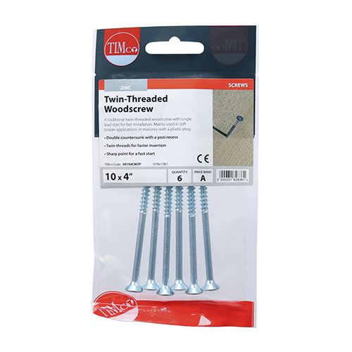 TIMCO Twin Woodscrew PZ2 CSK - BZP 10 x 4 Silver Pack 6