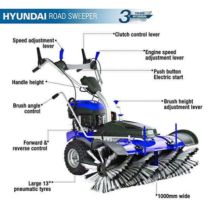 Hyundai HYSW1000 Petrol Sweeper 173cc 100cm Self Propelled Yard Sweeper Power Brush