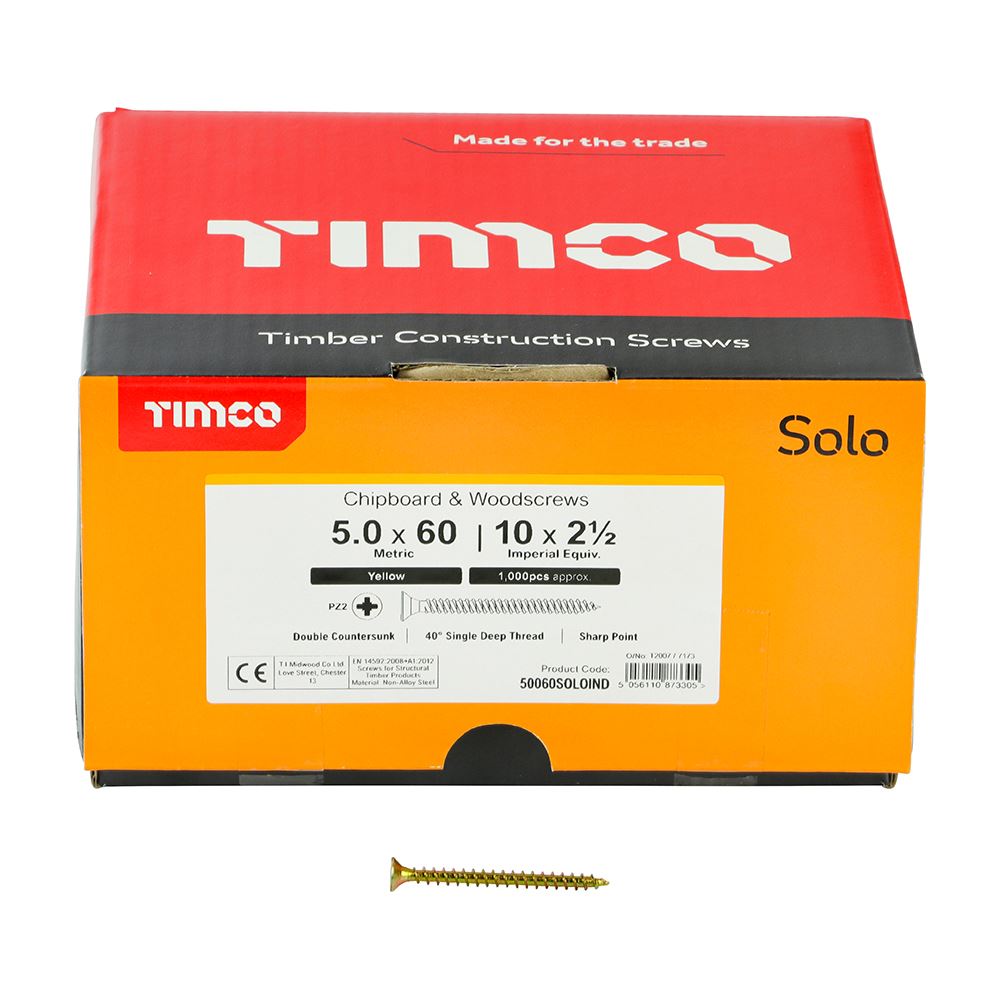 TIMCO Solo Woodscrew CSK - ZYP (IND) 5.0 x 60 Gold Pack 1000