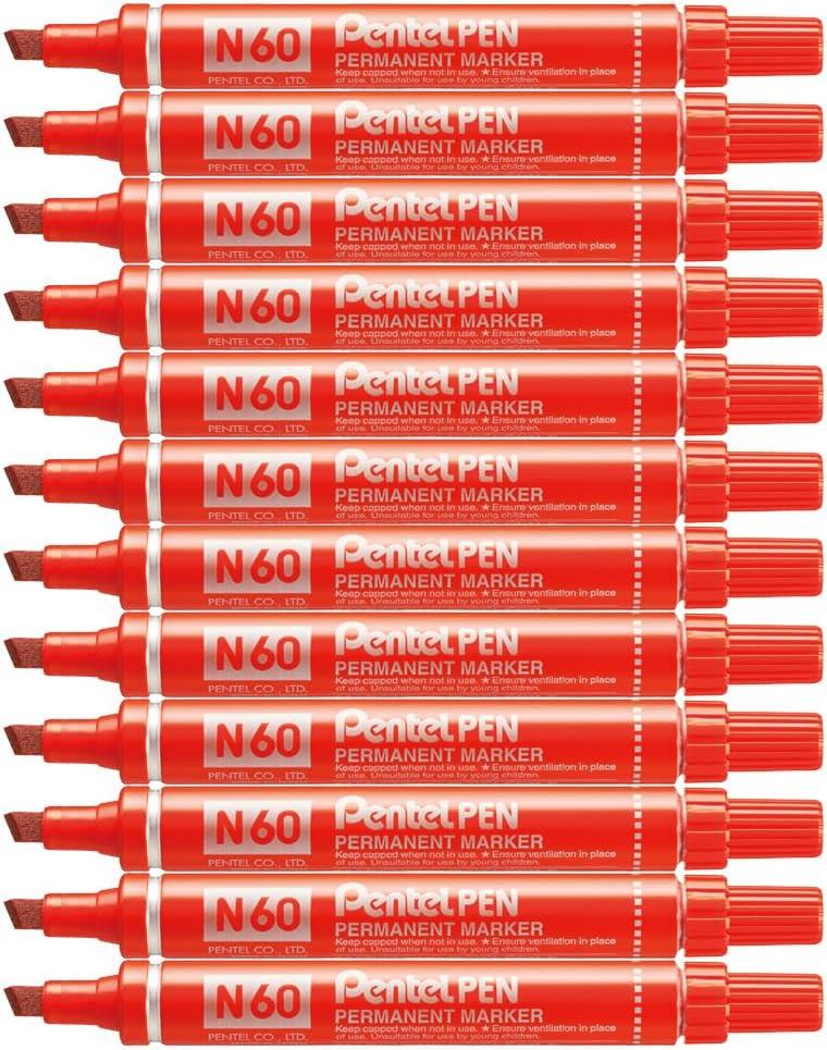Pentel N60 Permanent Marker Red Chisel Tip Marker Pens Pack of 12