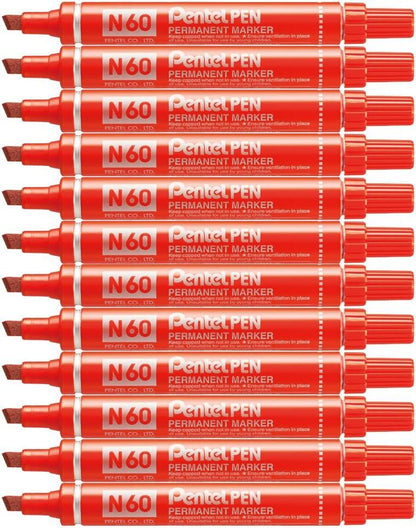 Pentel N60 Permanent Marker Red Chisel Tip Marker Pens Pack of 12