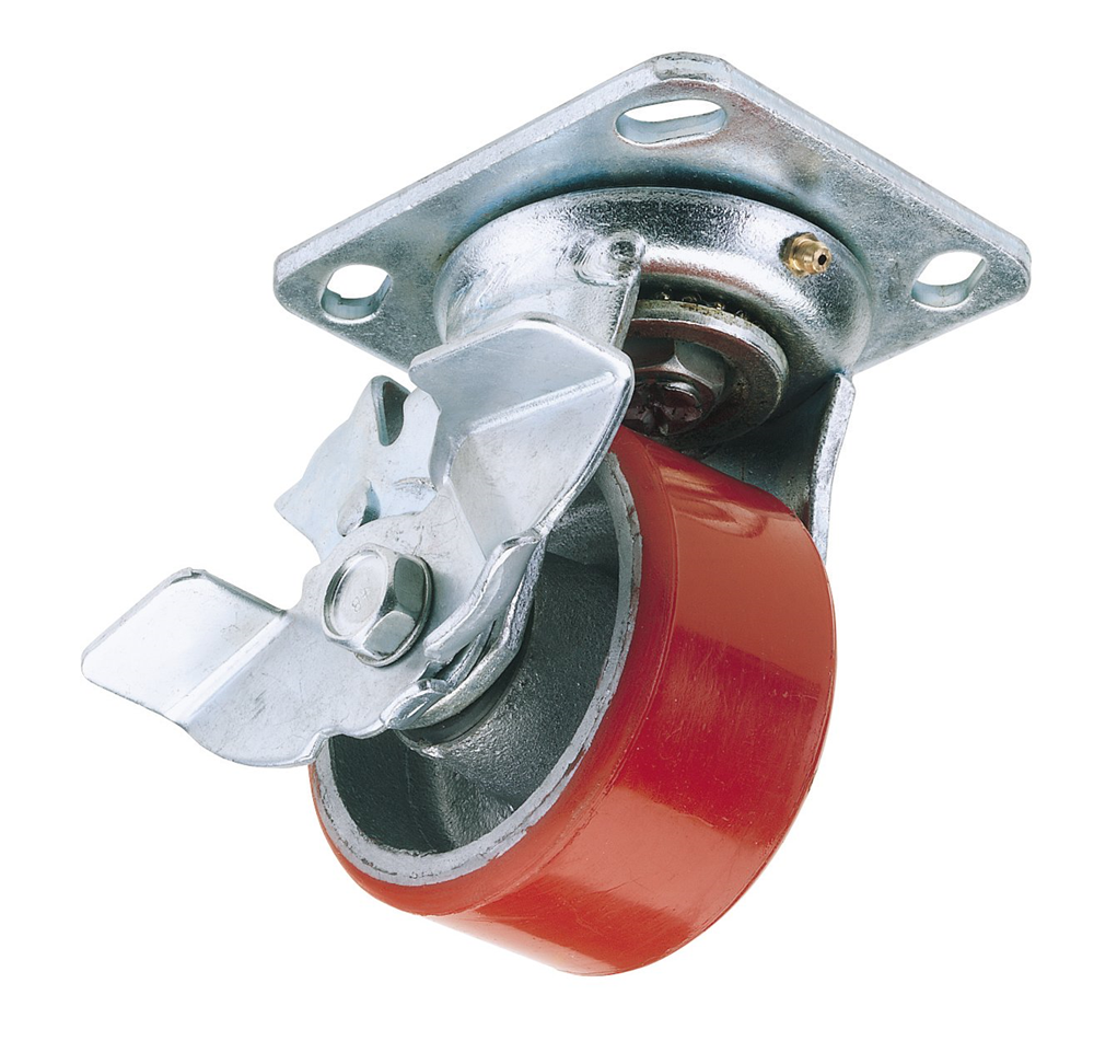Draper IND.PU CAST.PLATE/BK-125MM DIA 65527 Heavy Duty Polyurethane Wheeled Swivel Plate Castors with Brake