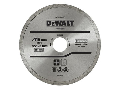 DeWalt Power Tools Continuous Rim Diamond Cutting Disc 115 x 22.23mm