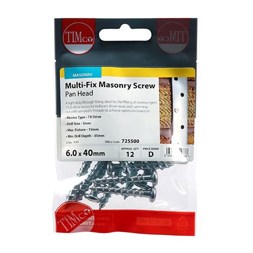 TIMCO Multi-Fix Masonry Screw - PAN 6.0 x 40 Silver Pack 12