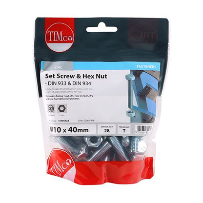 TIMCO Set Screw & Hex Nut - BZP M10 x 40 Silver Pack 28
