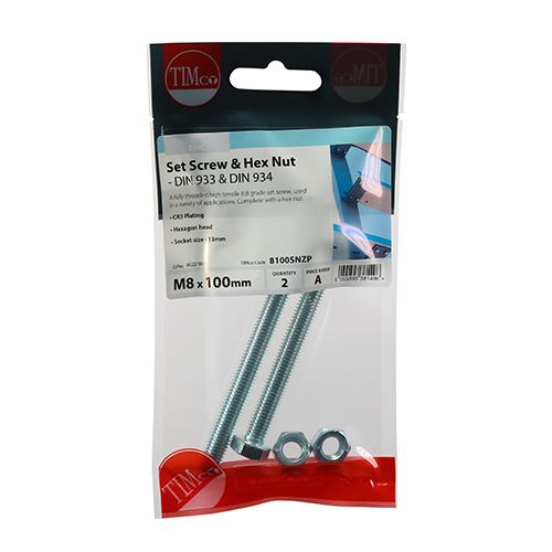 TIMCO Set Screw & Hex Nut - BZP M8 x 100 Silver Pack 2