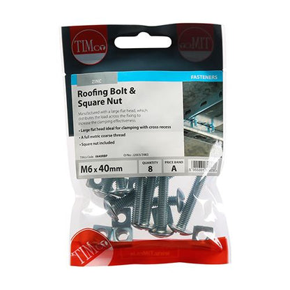 TIMCO Roofing Bolt & SQ Nut - BZP M6 x 40 Silver Pack 8