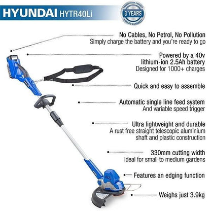Hyundai HYTR40LI Cordless Grass Trimmer 40V Li-Ion Battery & Charger Brushcutter Garden Strimmer Brushcutter
