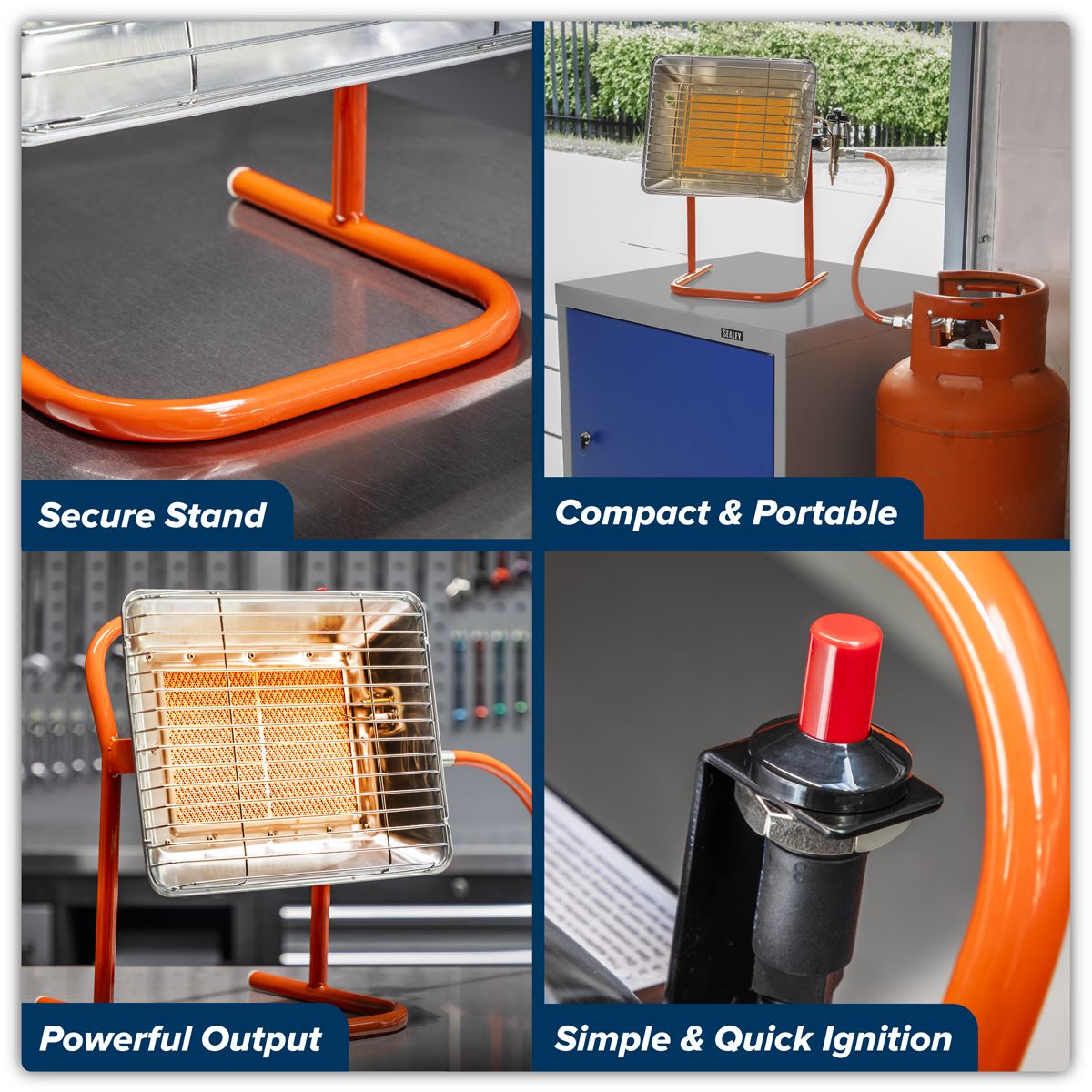 Sealey LP14 Propane Heater with Stand 14,330Btu/hr | 14,330Btu/hr(4.2kW) | Steel tube stand with built-in handle. | Automatic shut-off prevents