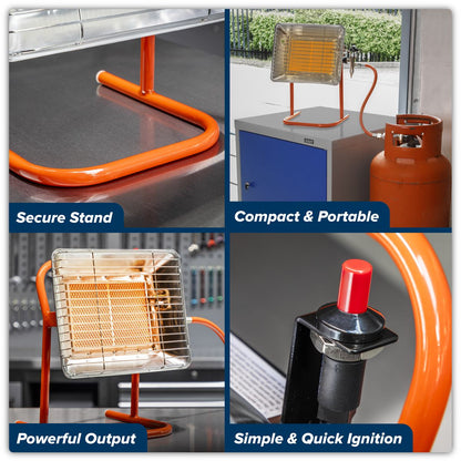 Sealey LP14 Propane Heater with Stand 14,330Btu/hr | 14,330Btu/hr(4.2kW) | Steel tube stand with built-in handle. | Automatic shut-off prevents