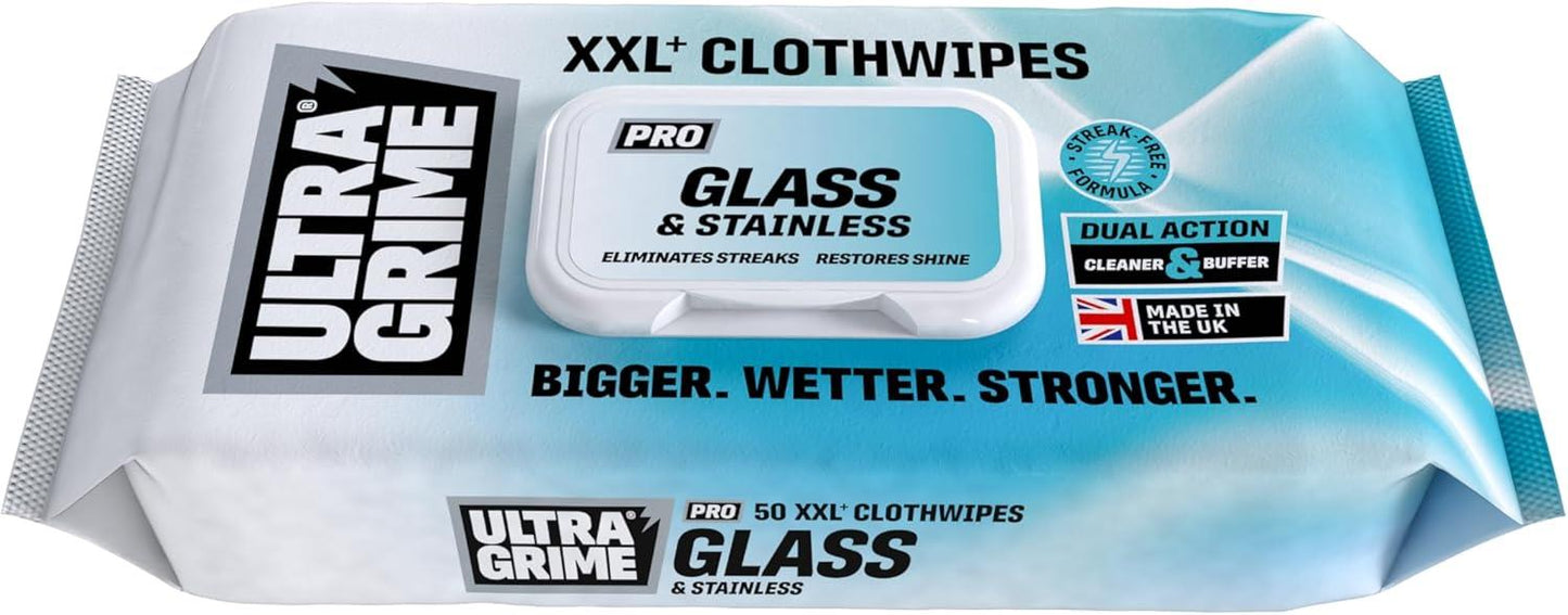 UltraGrime PRO Glass & Stainless Surface Wet Wipes XXL Cloths 50 Pack