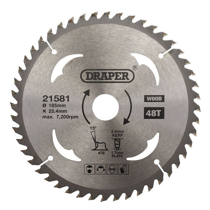 Draper TCT SAW BLADE 185MM 48T WOOD 21581 TCT Circular Saw Blade for Wood, 185 x 25.4mm