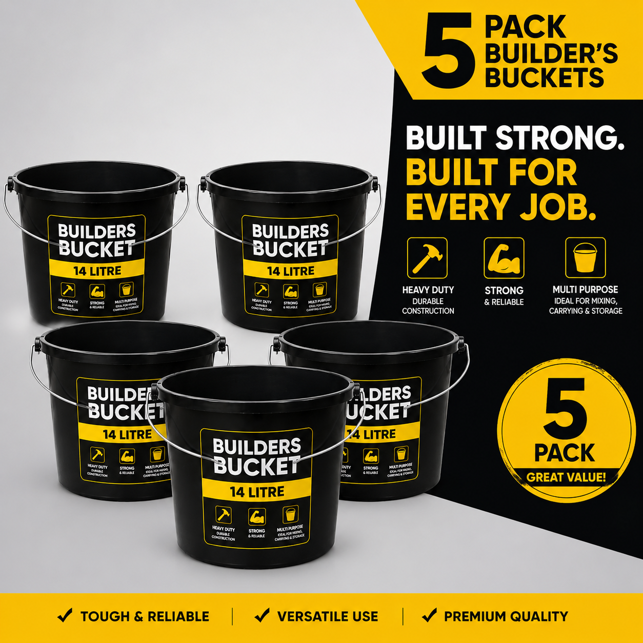 Pack of 5 Yuzet 14L Black Builders Bucket Heavy Duty Plastic Mixing Carry Bucket