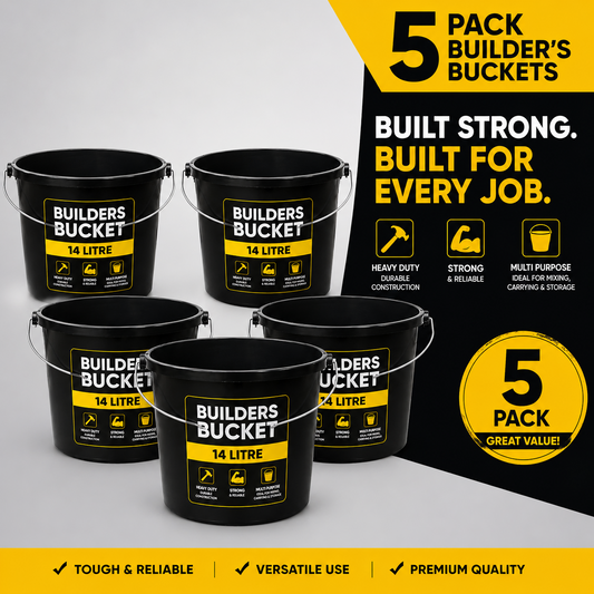 Pack of 5 Yuzet 14L Black Builders Bucket Heavy Duty Plastic Mixing Carry Bucket