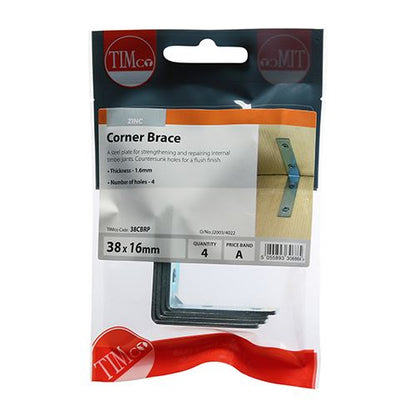TIMCO Corner Brace - BZP 38 x 38 x 16 Silver Pack 4