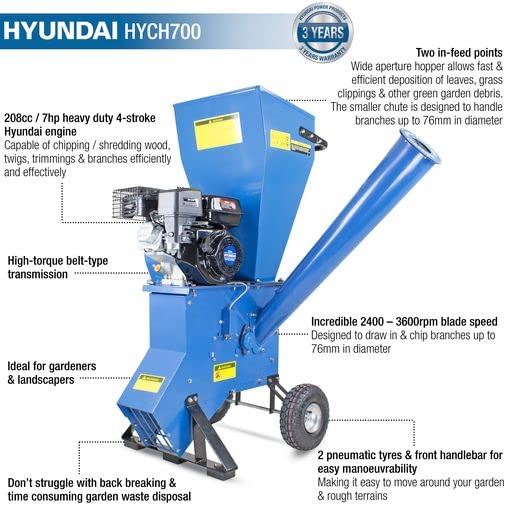 Hyundai HYCH700 Petrol Wood Chipper 208cc 76mm 4-Stroke Garden Shredder Mulcher Garden Shredder Mulcher