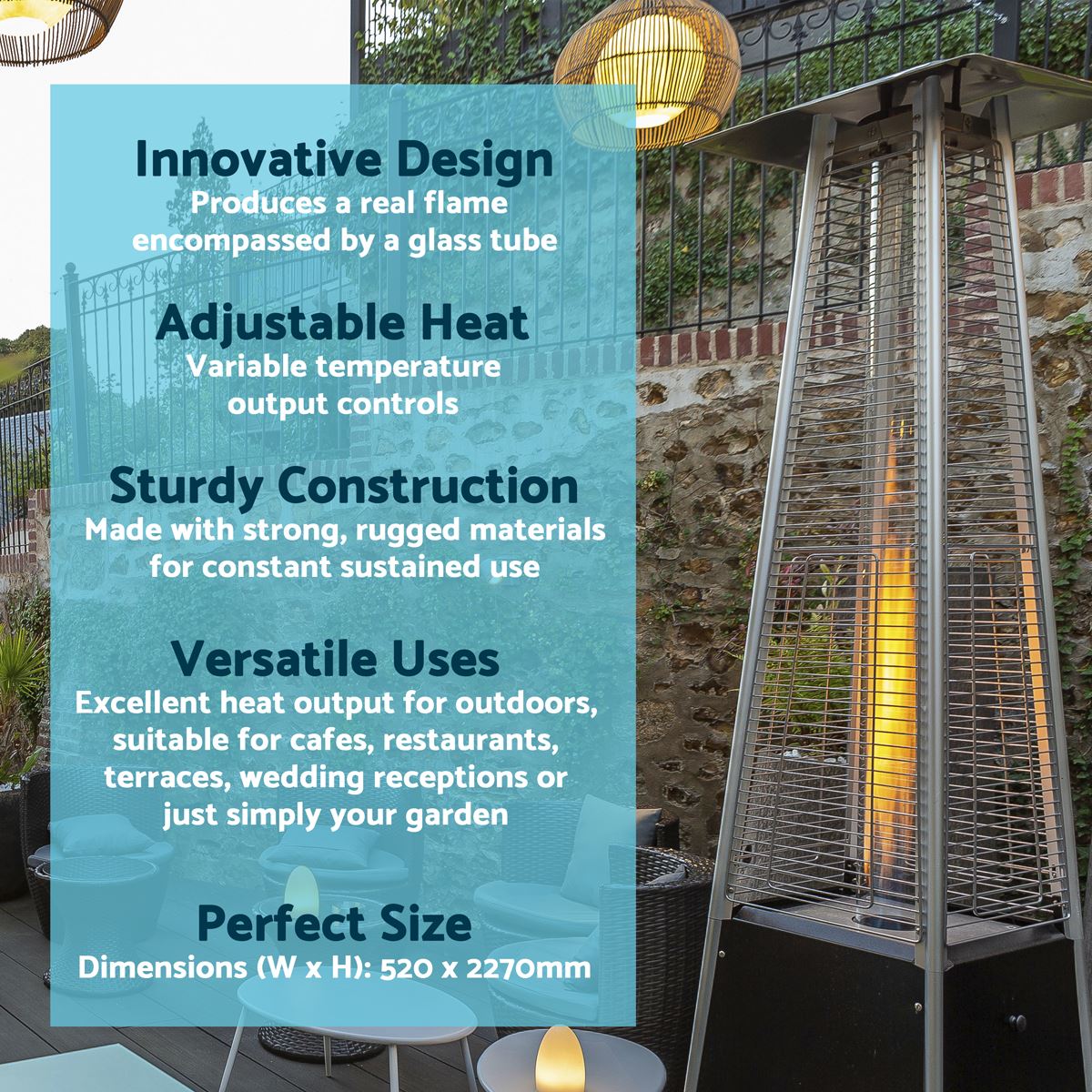 Dellonda DG98 Pyramid Gas Outdoor Garden Patio Heater 13kW Commercial & Home Use | Tip-Over Switch, Adjustable | Innovative design of Gas Flame