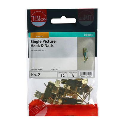TIMCO Picture Hook & Nails - E/Brass No.2 Single Pack 12