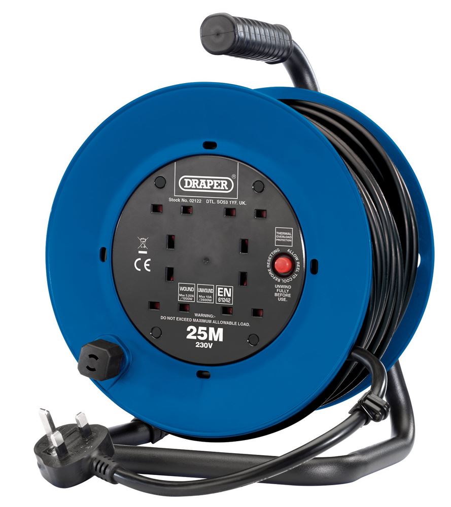 02122 Draper 230V Heavy Duty Industrial Four Socket Cable Reel, 25m DCR25HDA Extension Leads Professional Trade DIY Workshop Garage Use