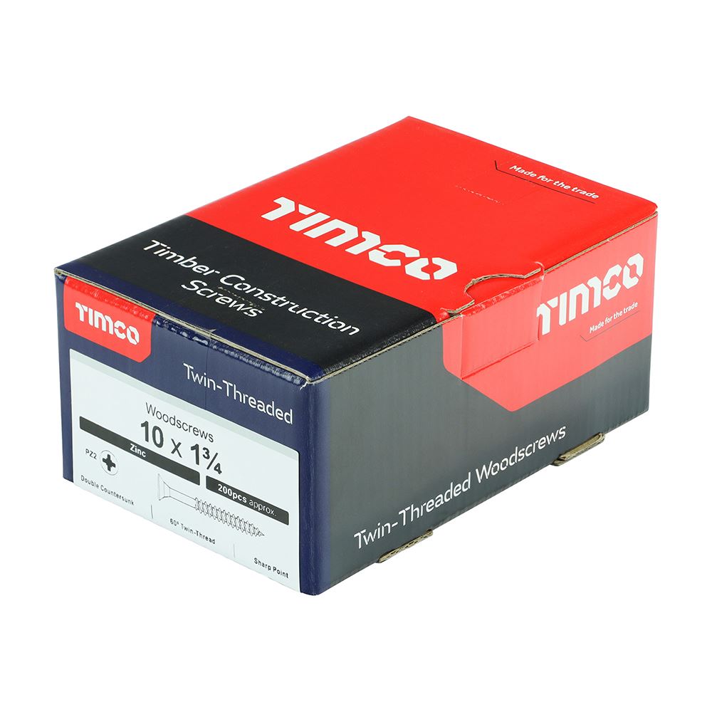 TIMCO Twin Woodscrew PZ2 CSK Zinc 10 x 1 3/4 Silver Pack 200