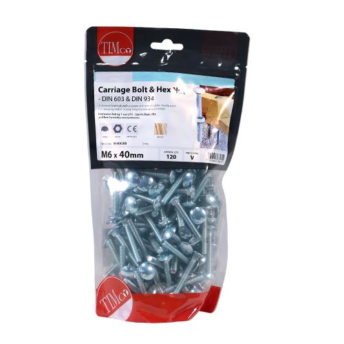 TIMCO Carriage Bolt & Hex Nut - BZP M6 x 40 Silver Pack 120