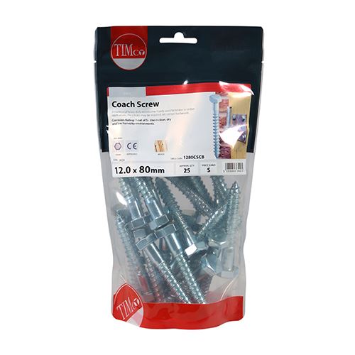 TIMCO Coach Screw DIN 571 - BZP 12.0 x 80 Silver Pack 25