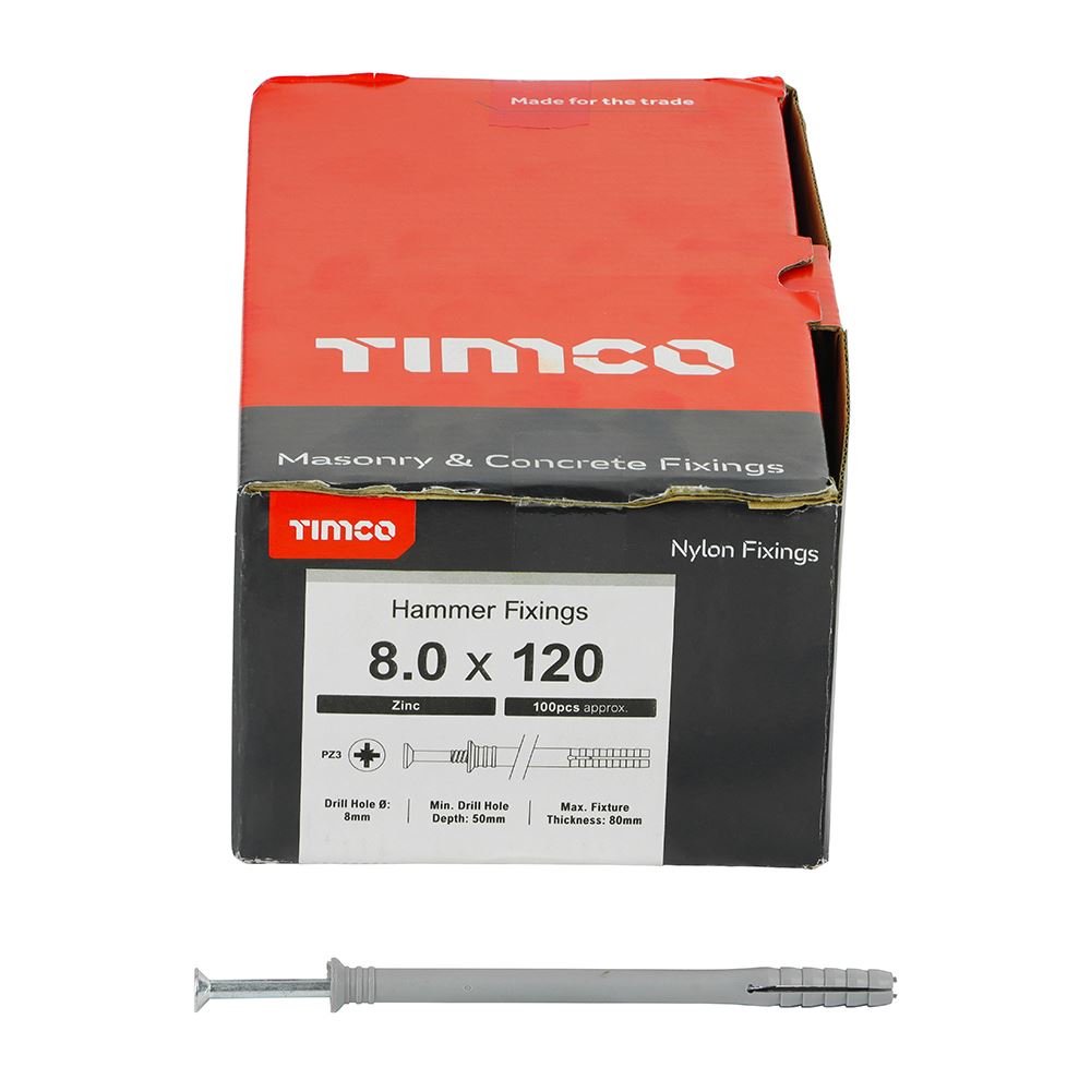 TIMCO Nylon Hammer Fixing Zinc 8.0 x 120 Pack 100