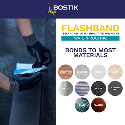Bostik Flashband Self Adhesive Flashing Tape for Roofs, Provides an Instant Watertight Seal, Colour: Grey, 100mm x 10m