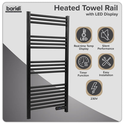 Baridi DH371 Electric Heated Towel Rail 1085 x 535mm with LED Display - Black | 425W, 230V - 50HZ, Overheat Protection | LED temperature display.