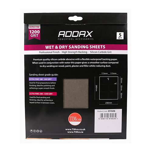 TIMCO Wet & Dry Sanding Sheets P1200 230 x 280mm Black Pack 5